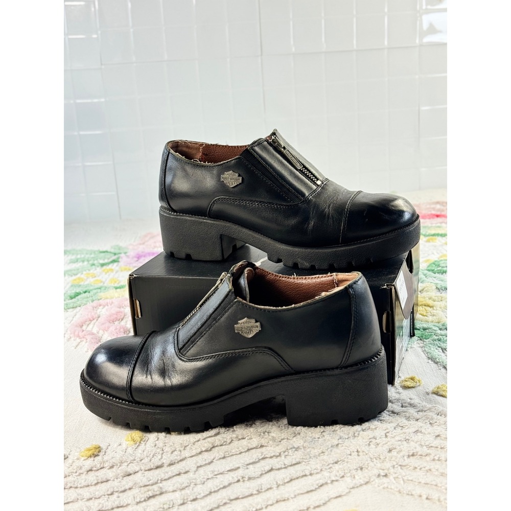 Vintage Harley-Davidson Emma Black Leather Platform Biker Shoes Zip Up Womens 9